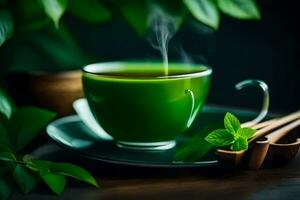 a cup of green tea with a spoon and leaves. AI-Generated photo