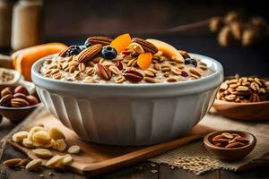 a bowl of oatmeal with nuts and berries. AI-Generated photo