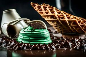 a chocolate cake with green icing and a waffle cone. AI-Generated photo