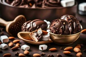 chocolate ice cream with marshmallows and almonds. AI-Generated photo