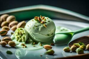 pistachio ice cream with pistachio nuts on a plate. AI-Generated photo