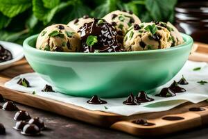 chocolate chip cookie dough ice cream in a bowl. AI-Generated photo