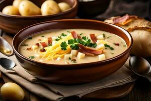 a bowl of potato soup with bacon and cheese. AI-Generated photo