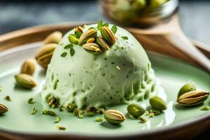 pistachio ice cream with pistachio nuts. AI-Generated photo