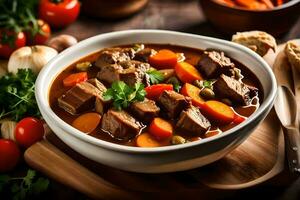 a bowl of beef stew with vegetables and bread. AI-Generated photo