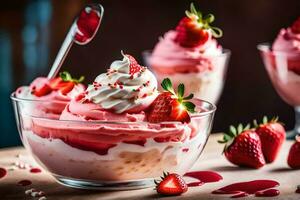 fresas y crema en un bol. generado por ai foto