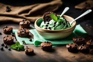 chocolate mint ice cream in a bowl with mint leaves. AI-Generated photo