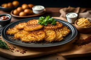 potato pancakes with cheese and herbs on a plate. AI-Generated photo