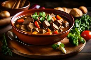 a bowl of beef stew with vegetables and bread. AI-Generated photo