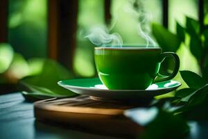 un taza de verde té en un de madera mesa. generado por ai foto