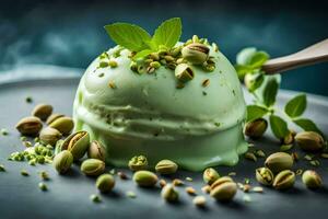 pistacho hielo crema con pistacho nueces y menta hojas en un negro antecedentes. generado por ai foto