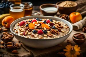 a bowl of oatmeal with fruit and nuts. AI-Generated photo