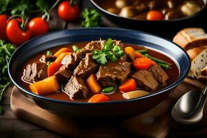 a bowl of beef stew with vegetables and bread. AI-Generated photo