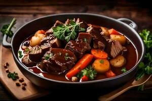 beef stew in a black bowl with carrots and parsley. AI-Generated photo