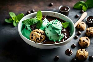 chocolate ice cream with mint and cookies. AI-Generated photo