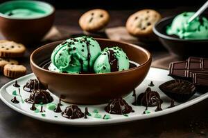 chocolate ice cream with cookies and mints. AI-Generated photo