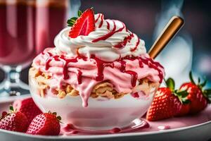 strawberry ice cream with whipped cream and strawberries. AI-Generated photo