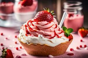ice cream with strawberries and whipped cream on a pink background. AI-Generated photo
