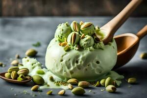 pistachio ice cream with pistachio nuts and pistachio ice cream with pist. AI-Generated photo