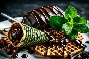 chocolate waffles with mint and chocolate sauce. AI-Generated photo