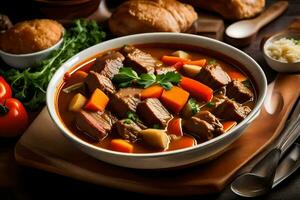 a bowl of beef stew with vegetables and bread on a wooden table. AI-Generated photo