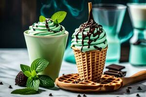 dos gofre conos con menta chocolate hielo crema y menta hojas. generado por ai foto