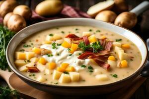 un cuenco de patata sopa con tocino, queso y hierbas. generado por ai foto