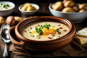 a bowl of potato soup with cheese and bacon. AI-Generated photo