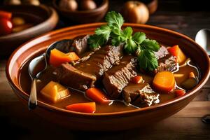 a bowl of beef stew with carrots and potatoes. AI-Generated photo