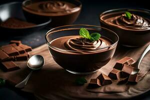 chocolate pudding in a glass bowl. AI-Generated photo