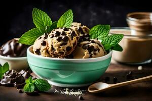 chocolate chip ice cream in a bowl with mint leaves. AI-Generated photo