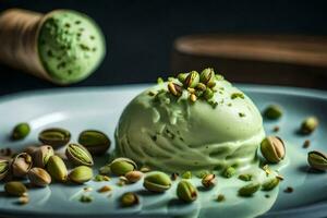 a scoop of pistachio ice cream on a plate with pistachios. AI-Generated photo