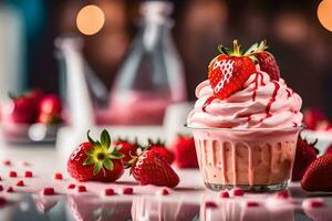 a cupcake with strawberry frosting and sprinkles. AI-Generated photo