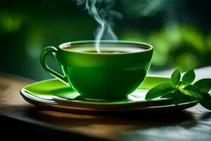 un taza de té con un verde antecedentes. generado por ai foto