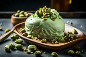 a green ice cream with pistachios on a wooden plate. AI-Generated photo
