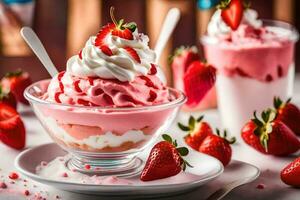 strawberry ice cream with whipped cream and strawberries. AI-Generated photo