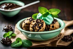 chocolate chip ice cream with mint leaves and chocolate sauce. AI-Generated photo