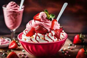 a bowl of ice cream with strawberries and whipped cream. AI-Generated photo