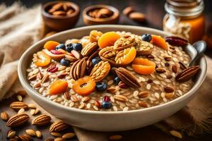 a bowl of oatmeal with nuts and dried fruits. AI-Generated photo