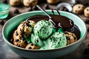 chocolate chip cookie dough ice cream with mint chocolate chip cookie dough ice cream in a bowl. AI-Generated photo