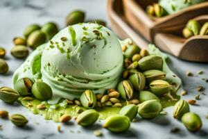 green pistachio ice cream with pistachio nuts. AI-Generated photo