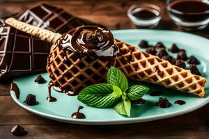 chocolate waffle with chocolate sauce and mint leaves. AI-Generated photo
