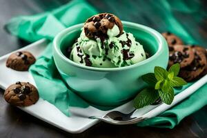 chocolate chip galletas y menta hielo crema en un bol. generado por ai foto