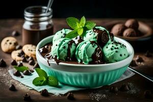 chocolate mint ice cream in a bowl with mint leaves and cookies. AI-Generated photo