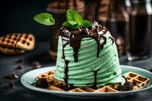 a green ice cream with chocolate sauce and mint leaves. AI-Generated photo