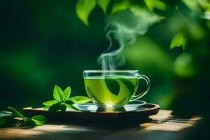 a cup of green tea with leaves on the table. AI-Generated photo