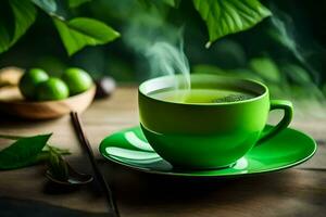 a cup of green tea with a saucer and a spoon. AI-Generated photo