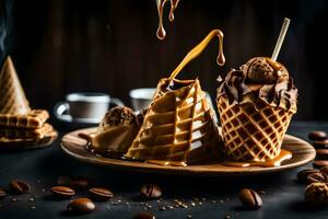 a waffle cone with caramel and coffee beans. AI-Generated photo