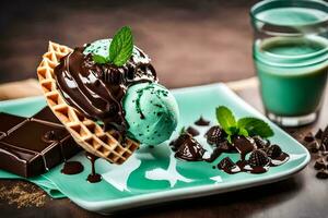 a waffle with chocolate ice cream and mint leaves. AI-Generated photo