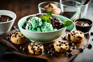 chocolate ice cream with mint and cookies. AI-Generated photo